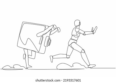 Continuous one line drawing stress robot being chased by safe deposit box. Financial secure system, banking protection. Humanoid robot cybernetic organism. Single line draw design vector illustration