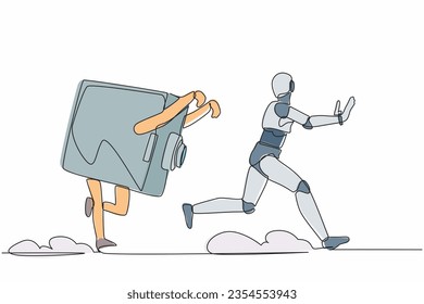 Robot continuo de estrés por dibujo de una línea siendo perseguido por caja de seguridad. Sistema financiero seguro, protección bancaria. Robot humanoide organismo cibernético. Ilustración vectorial de diseño de líneas simples