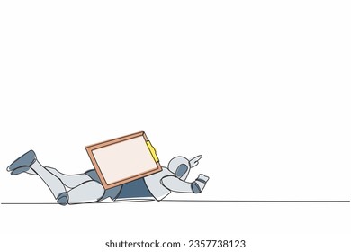 Continuous one line drawing stress robot under heavy clipboard burden. Busy robot with checklist tasks document. Humanoid robot cybernetic organism. Single line draw design vector graphic illustration