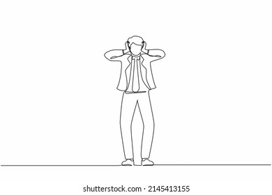 Continuous one line drawing stressed businessman with headache, hands on his head, migraine, health problems and pain head, emotion, stress work, tired, suffer. Single line design vector illustration