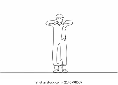 Continuous one line drawing stressed Arabian businessman with headache, hands on his head, migraine, health problems and pain head, emotion, stress work, tired, suffer. Single line draw design vector