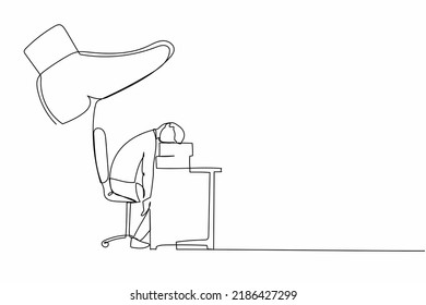 Continuous one line drawing stressed businessman sleeping on pile of papers under big foot stomp. Tired exhausted deadline overloaded office clerk. Single line draw design vector graphic illustration