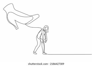 Continuous one line drawing stressed businesswoman going away with huge high heels kicking her out. Sad female employee being fired and kicked out. Single line draw design vector graphic illustration