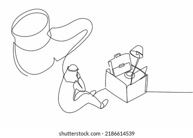 Continuous one line drawing stressed Arabian businessman sitting on the floor near office supplies under big foot stomp. Unemployment, dismissal person. Single line design vector graphic illustration