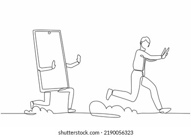 Continuous one line drawing stressed businessman being chased by smartphone. Refuse to talk, communication, technology, speaking. Minimalist metaphor. Single line design vector graphic illustration