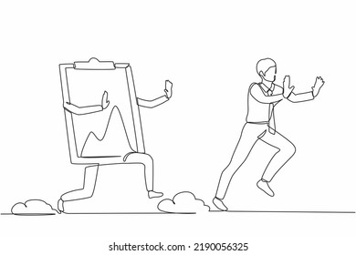 El dibujo de una línea continua estresaba a un empresario que era perseguido por el portapapeles. Documento de hojas de papel de aplicación de lista de verificación de fecha límite para empleado masculino. ilustración vectorial de diseño de línea única