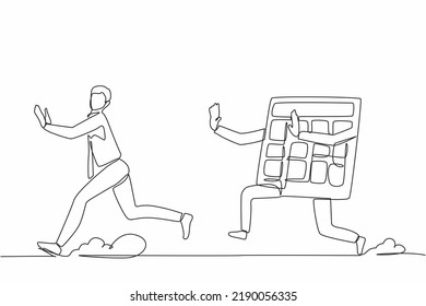 Continuous one line drawing stressed businessman being chased by calculator. Manager chased by calculations economy crisis. Technology education, counting. Single line draw design vector illustration