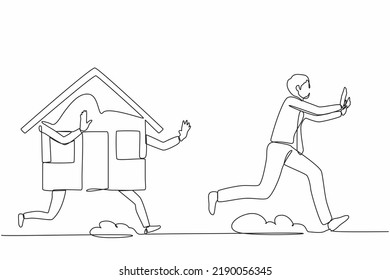 Continuous one line drawing stressed businessman being chased by house. Office worker avoid price increase of housing loan, real estate investment. Single line draw design vector graphic illustration