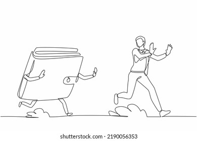 Continuous one line drawing stressed businessman being chased by wallet. Losing money, spending, pay, wasteful, gone money. Minimalist metaphor concept. Single line design vector graphic illustration
