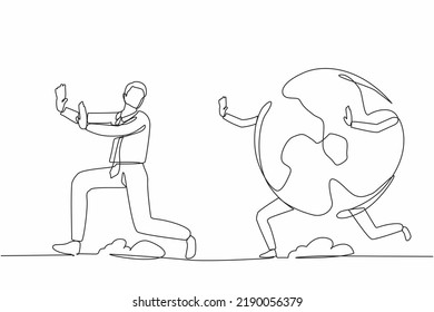 Continuous one line drawing stressed businessman being chased by globe. Manager chased by international partnership agenda, cooperation, teamwork. Single line draw design vector graphic illustration