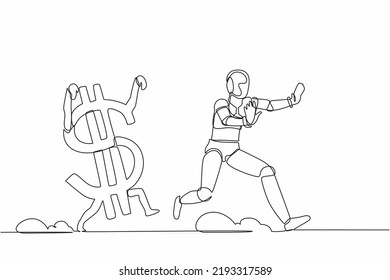 Continuous one line drawing stressed robot being chased by dollar symbol. Afraid with economic or financial crisis. Humanoid robot cybernetic organism. Single line design vector graphic illustration
