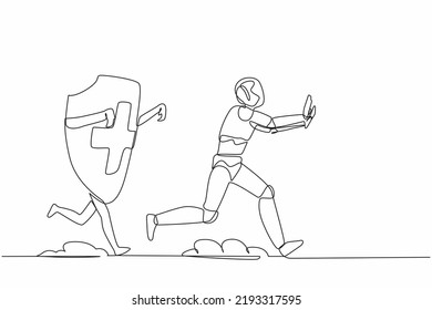 Continuous one line drawing stressed robot being chased by shield. Afraid about budget increasing of healthcare insurance. Humanoid robot cybernetic organism. Single line design vector illustration