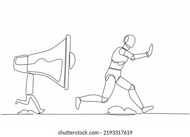 Continuous One Line Drawing Stressed Robot Being Chased By Megaphone. Robot In Loud Screaming For Mass Communication. Humanoid Robot Cybernetic Organism. Single Line Draw Design Vector Illustration