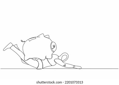 Continuous one line drawing stressed robot under heavy piggy bank burden. Broke and financial problems in tech industry. Future robotic development. Single line draw design vector graphic illustration