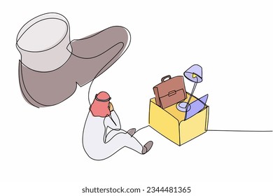 Continuous one line drawing stressed Arabian businessman sitting on the floor near office supplies under big foot stomp. Unemployment, dismissal person. Single line design vector graphic illustration