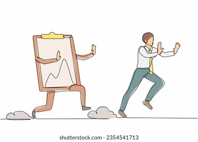 Continuous one line drawing stressed businessman being chased by clipboard. Male employee in deadline checklist application paper sheets document. Single line draw design vector graphic illustration