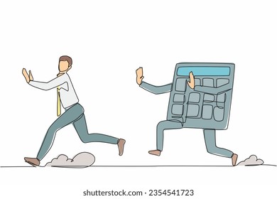 Continuous one line drawing stressed businessman being chased by calculator. Manager chased by calculations economy crisis. Technology education, counting. Single line draw design vector illustration