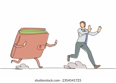 Continuo dibujo de una línea estresó a empresario perseguido por una cartera. Perder dinero, gastar, pagar, despilfarrar, irse de dinero. Concepto de metáfora minimalista. Ilustración gráfica vectorial de diseño de línea única