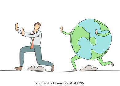 Continuous one line drawing stressed businessman being chased by globe. Manager chased by international partnership agenda, cooperation, teamwork. Single line draw design vector graphic illustration