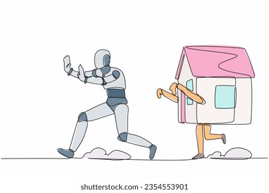 Robot continuo de una línea estresado siendo perseguido por casa. Miedo al aumento de los préstamos para vivienda. Organismo cibernetico humanoide. Desarrollo robótico. Ilustración gráfica vectorial de diseño de línea única