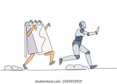 Continuous one line drawing stressed robot being chased by calendar. Afraid with project schedule deadline. Humanoid robot cybernetic organism. Single line draw design vector graphic illustration
