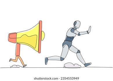 Continuous one line drawing stressed robot being chased by megaphone. Robot in loud screaming for mass communication. Humanoid robot cybernetic organism. Single line draw design vector illustration