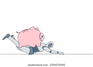 Continuous one line drawing stressed robot under heavy piggy bank burden. Broke and financial problems in tech industry. Future robotic development. Single line draw design vector graphic illustration