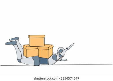 Continuous one line drawing stressed robot under heavy pile of box burden. Overworked robot with stack of cardboard. Humanoid robot cybernetic organism. Single line design vector graphic illustration