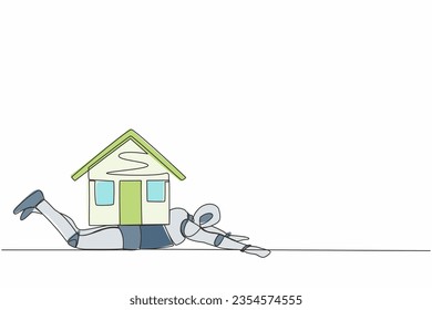 Continuous one line drawing stressed robot under heavy house burden. Financial mortgage problem, taxes expenses. Humanoid robot cybernetic organism. Single line draw design vector graphic illustration