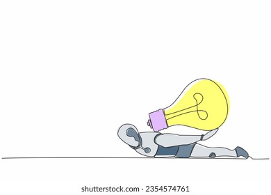 Continuous one line drawing stressed robot under heavy light bulb burden. Uninspired or no idea after business tech failure. Humanoid cybernetic organism. Single line draw design vector illustration