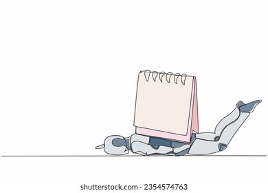 Continuous one line drawing stressed robot under heavy calendar burden. Tired robot with work problem and deadline. Humanoid robot cybernetic organism. Single line design vector graphic illustration