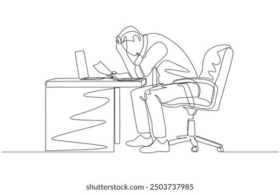 Continuous one line drawing of stressed businessman with rising company expenses, entrepreneur facing financial difficulty concept, single line art.