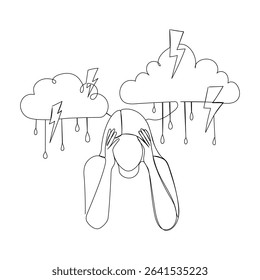 Continuous one line drawing of a stressed person and storm clouds. Vector illustration 
