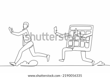 Continuous one line drawing stressed businessman being chased by calculator. Manager chased by calculations economy crisis. Technology education, counting. Single line draw design vector illustration