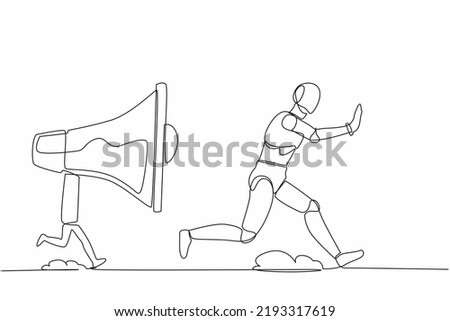 Continuous one line drawing stressed robot being chased by megaphone. Robot in loud screaming for mass communication. Humanoid robot cybernetic organism. Single line draw design vector illustration