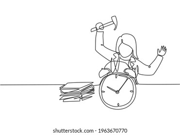 Continuous one line drawing stressful business woman hit the alarm clock with hammer. Minimalism metaphor business deadline concept. Single line draw design vector graphic illustration.