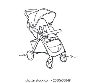 Continuous one line drawing of stroller icon in silhouette on a white background. Linear stylized.