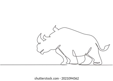 Continuous one line drawing strong rhinoceros for conservation national park logo identity. African rhino animal mascot for national zoo safari. Single line draw design vector graphic illustration