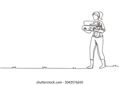 Continuous one line drawing strong woman lumberjack with in plaid shirt, jeans and boots, holding stack of firewood in hands. Female woodcutter, forest worker. Single line draw design vector graphic
