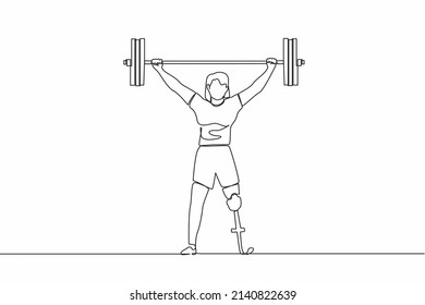 Continuous one line drawing strong disabled bodybuilder sportswoman lifting heavy weight barbell over her head. Weightlifting sport for disability. Single line draw design vector graphic illustration