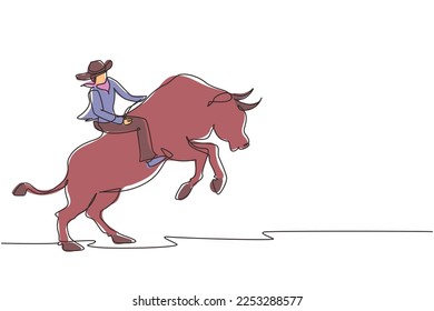 Continuo dibujo de una línea fuerte y valiente vaquero en lo que participa en rodeo montando toro salvaje. Vaquero montando toro salvaje. Excitante espectáculo de rodeo. ilustración vectorial de diseño de línea única