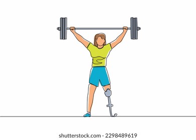 Continuous one line drawing strong disabled bodybuilder sportswoman lifting heavy weight barbell over her head. Weightlifting sport for disability. Single line draw design vector graphic illustration