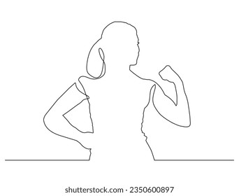 Continuous one line drawing of strong woman. Continuous one line drawing of long hair girl power pose. beautiful woman protesting vector