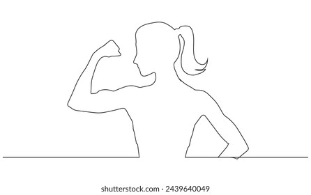 Continuous one line drawing of strong woman. Continuous one line drawing of long hair girl power pose. beautiful woman protesting vector
