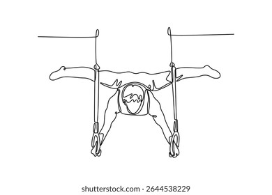 Uma linha contínua desenhando forte atleta ginasta masculino olhando para baixo enquanto fazendo exercícios de estabilidade núcleo de calistenia com anéis de ginástica no ginásio. Ilustração gráfica vetorial de design de desenho de linha única