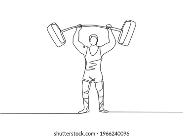 Continuous One Line Drawing The Strongman Raised The Curved Barbell With His Two Hands. His Muscles Were Clearly Visible To The Circus Audience Single Line Draw Design Vector Graphic Illustration.