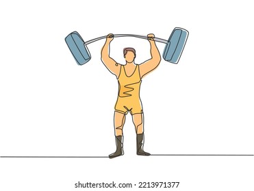 Continuous One Line Drawing The Strongman Raised The Curved Barbell With His Two Hands. His Muscles Were Clearly Visible To The Circus Audience Single Line Draw Design Vector Graphic Illustration.