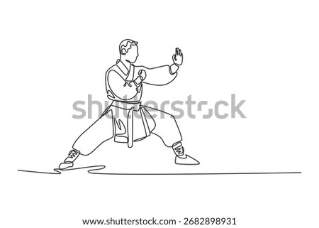 Continuous one line drawing strongman in powerful horse stance, with both arms in defensive guard, incredible stability fundamental Shaolin Kung Fu. Single line draw design vector graphic illustration