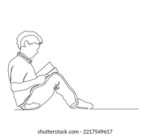 Continuous one line drawing of student reading a book. A young boy sit and reading book single line art drawing vector illustration.