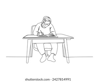 Continuous one line drawing of student sitting at table with book and writing. Young man writing on the table single outline vector illustration. Editable stroke.